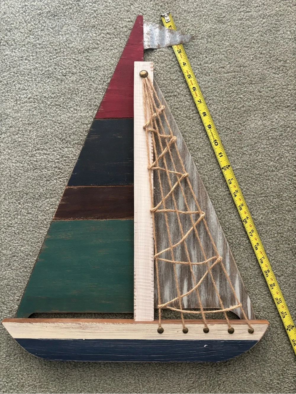 Wooden Sailboat Wall Decor in Red, Green, Navy & Natural